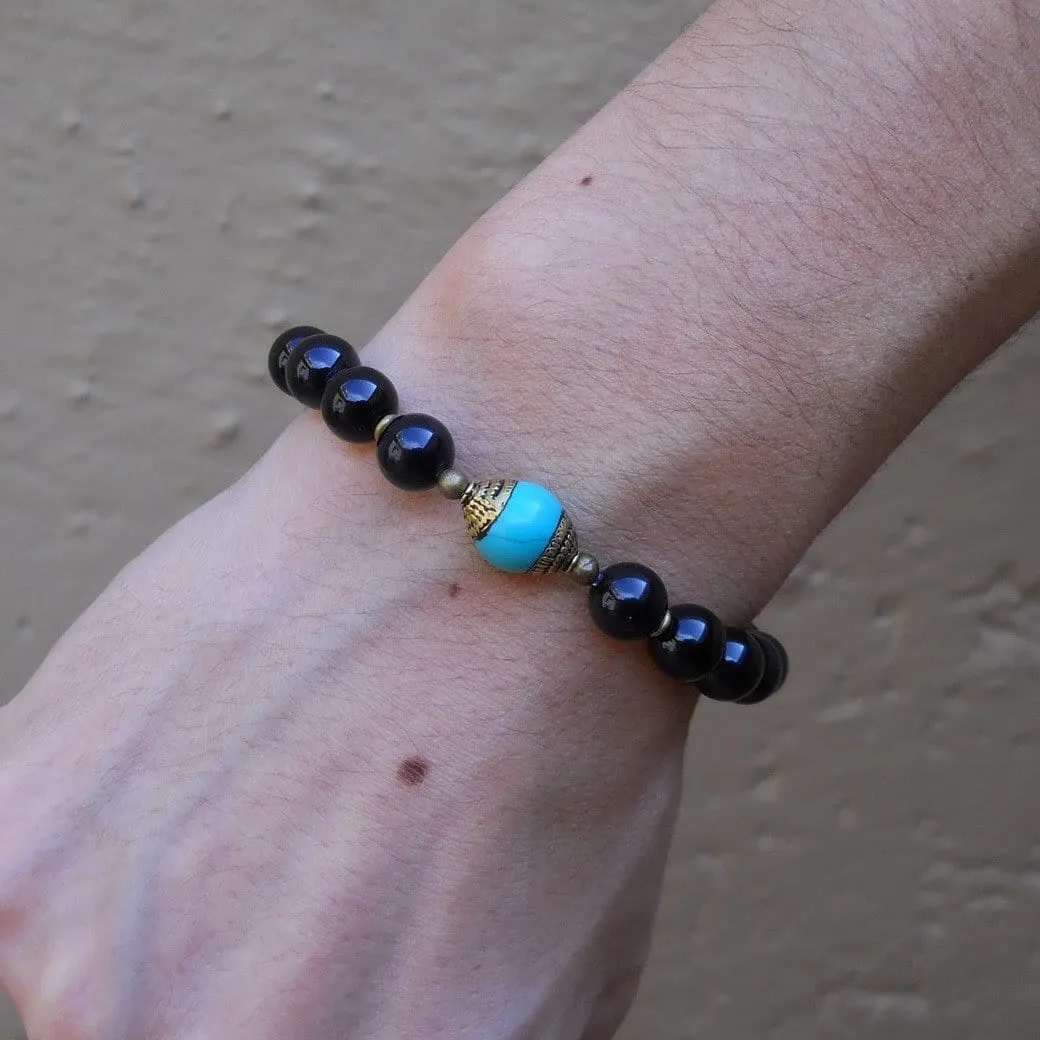 Communication and Patience, Genuine Onyx and Tibetan Capped Turquoise Guru Bead Mala Bracelet