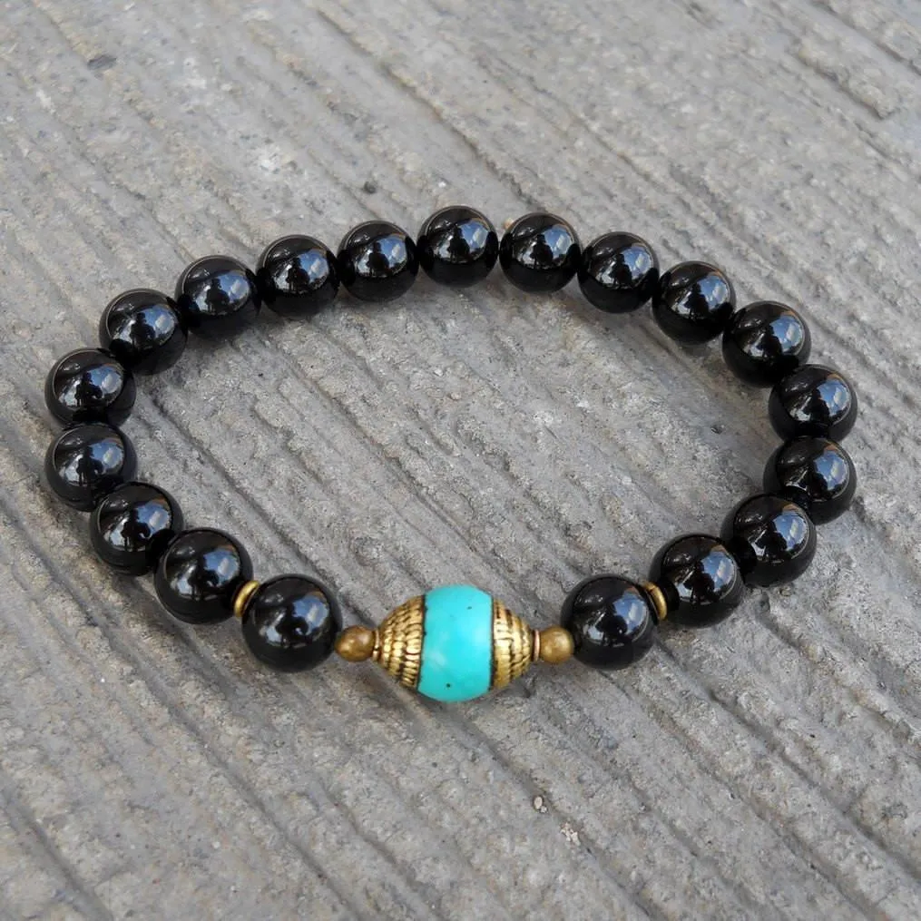 Communication and Patience, Genuine Onyx and Tibetan Capped Turquoise Guru Bead Mala Bracelet