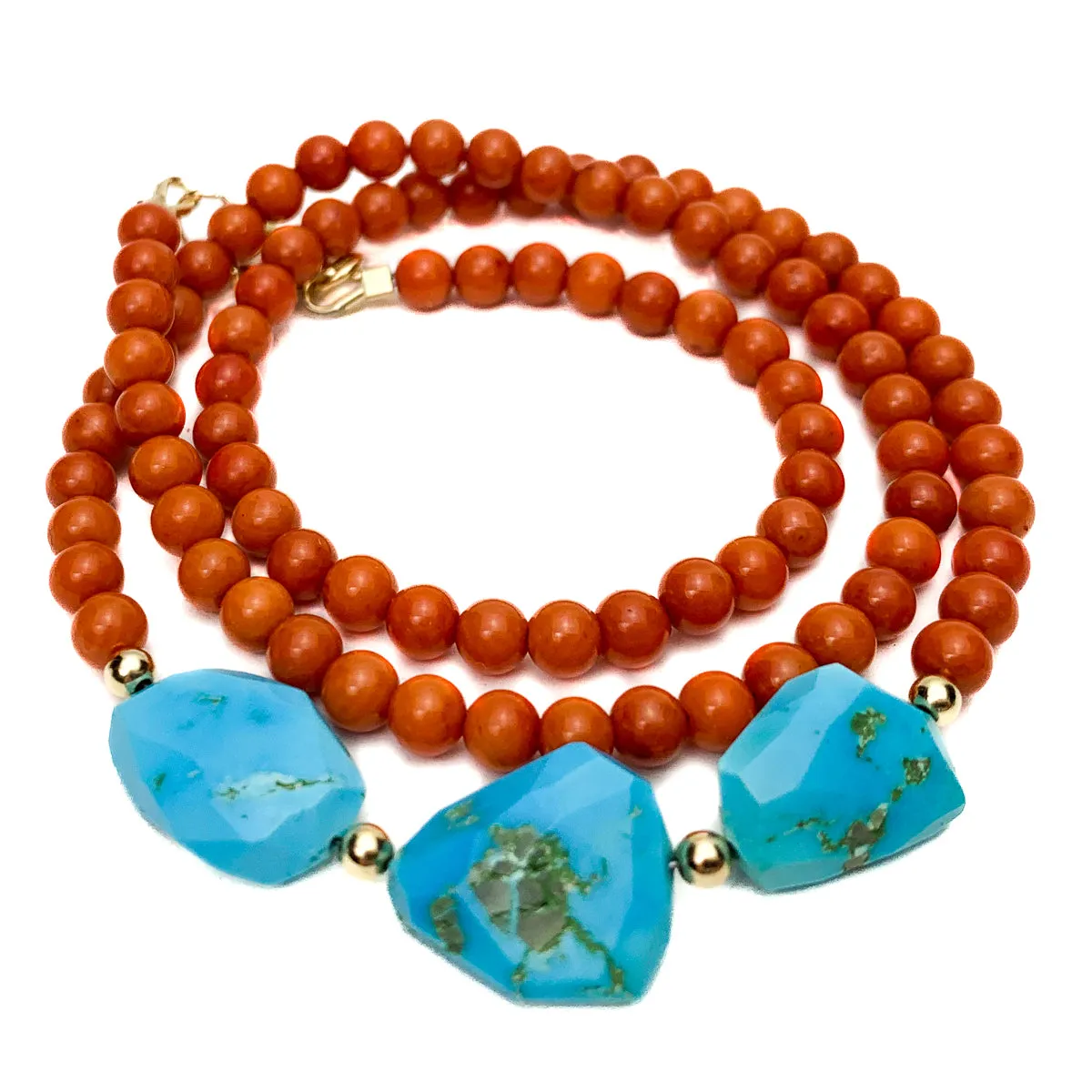 Coral & Sleeping Beauty Turquoise Necklace With Gold-Filled Trigger Clasp