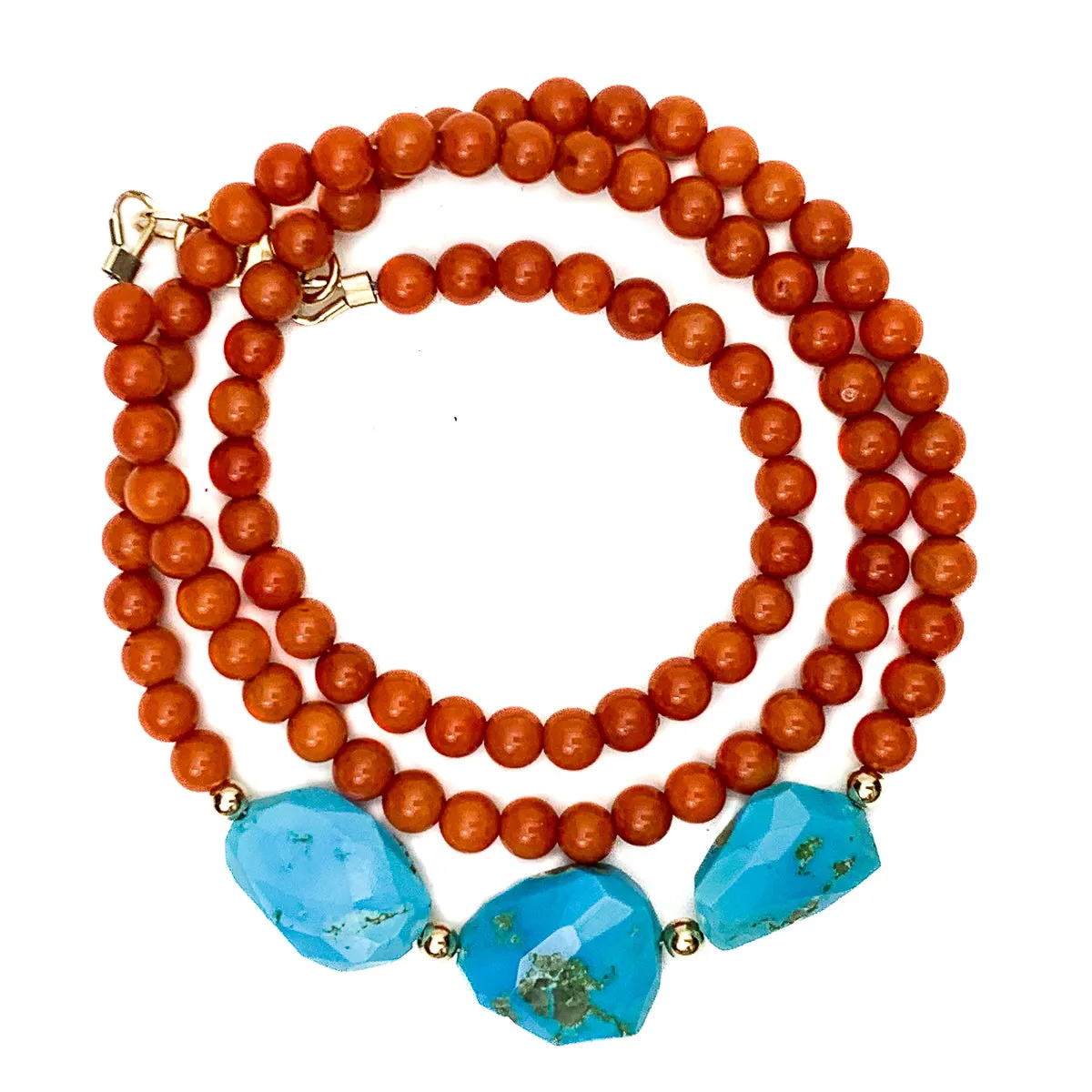 Coral & Sleeping Beauty Turquoise Necklace With Gold-Filled Trigger Clasp