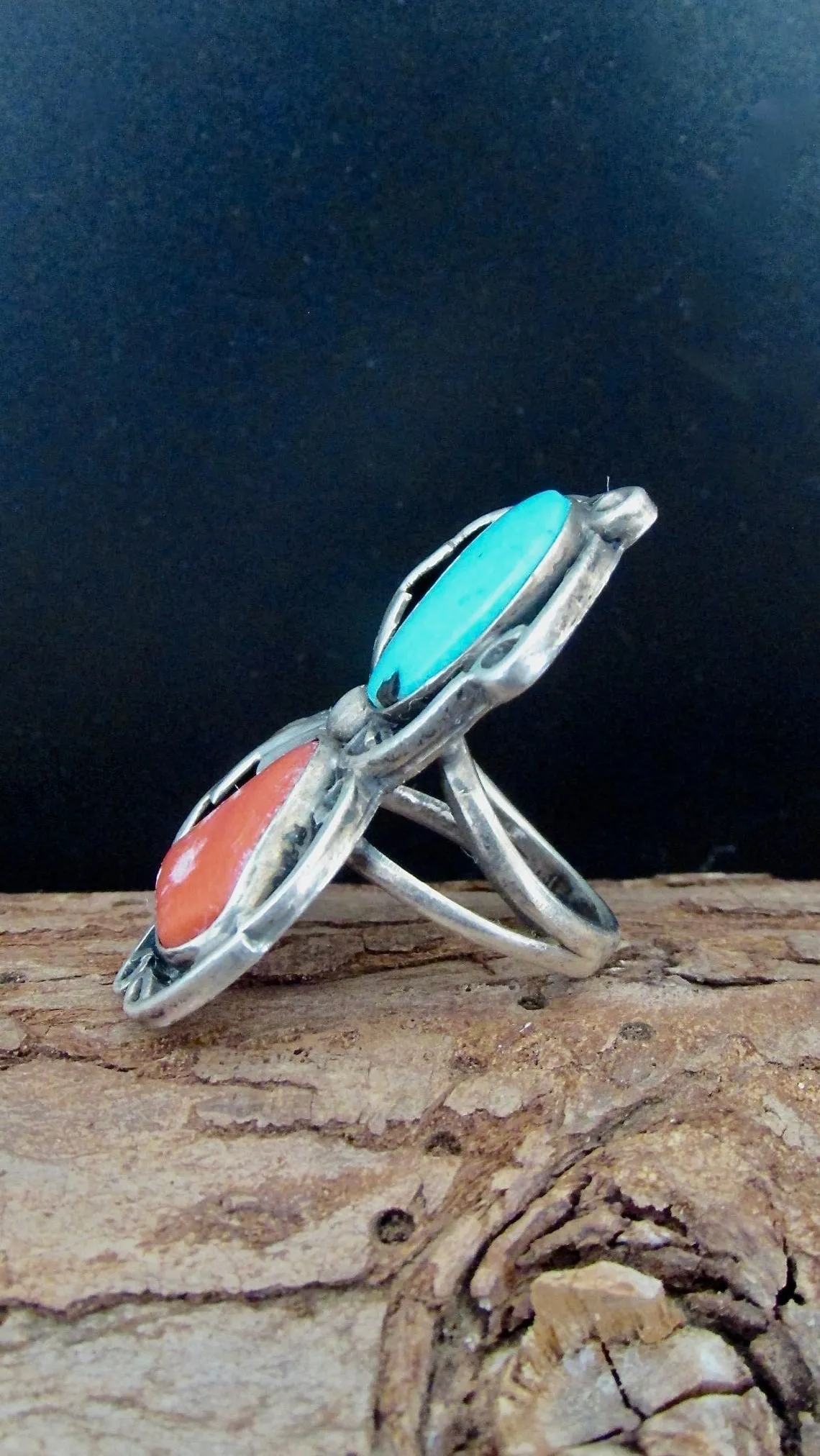 DOUBLE DECKER Navajo 60s 70s Silver Coral & Turquoise Ring Size 4 1/4