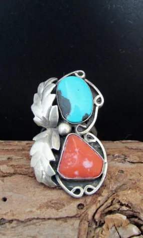 DOUBLE DECKER Navajo 60s 70s Silver Coral & Turquoise Ring Size 4 1/4