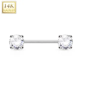 Double Prong Set AAA CZ 14K Gold Nipple Bar