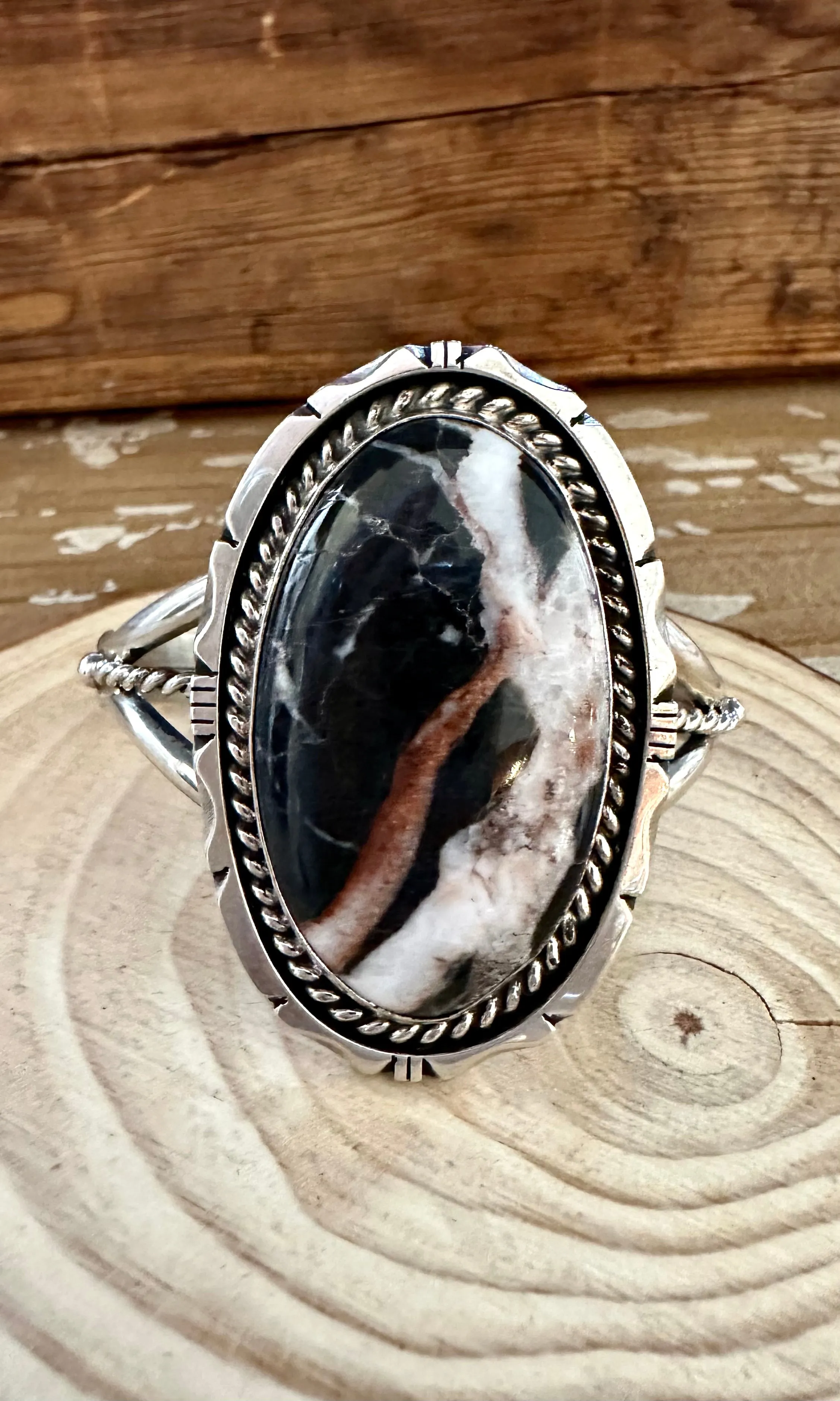 EDDIE SECATERO Navajo White Buffalo Turquoise Sterling Silver Cuff 64g