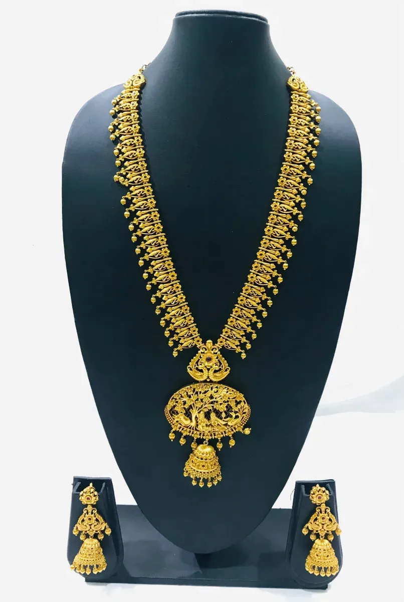 Elegant Antique Gold Matte Finished Radha Krishna Pendant Long Necklace With Beautiful Peacock Jhumka Earrings