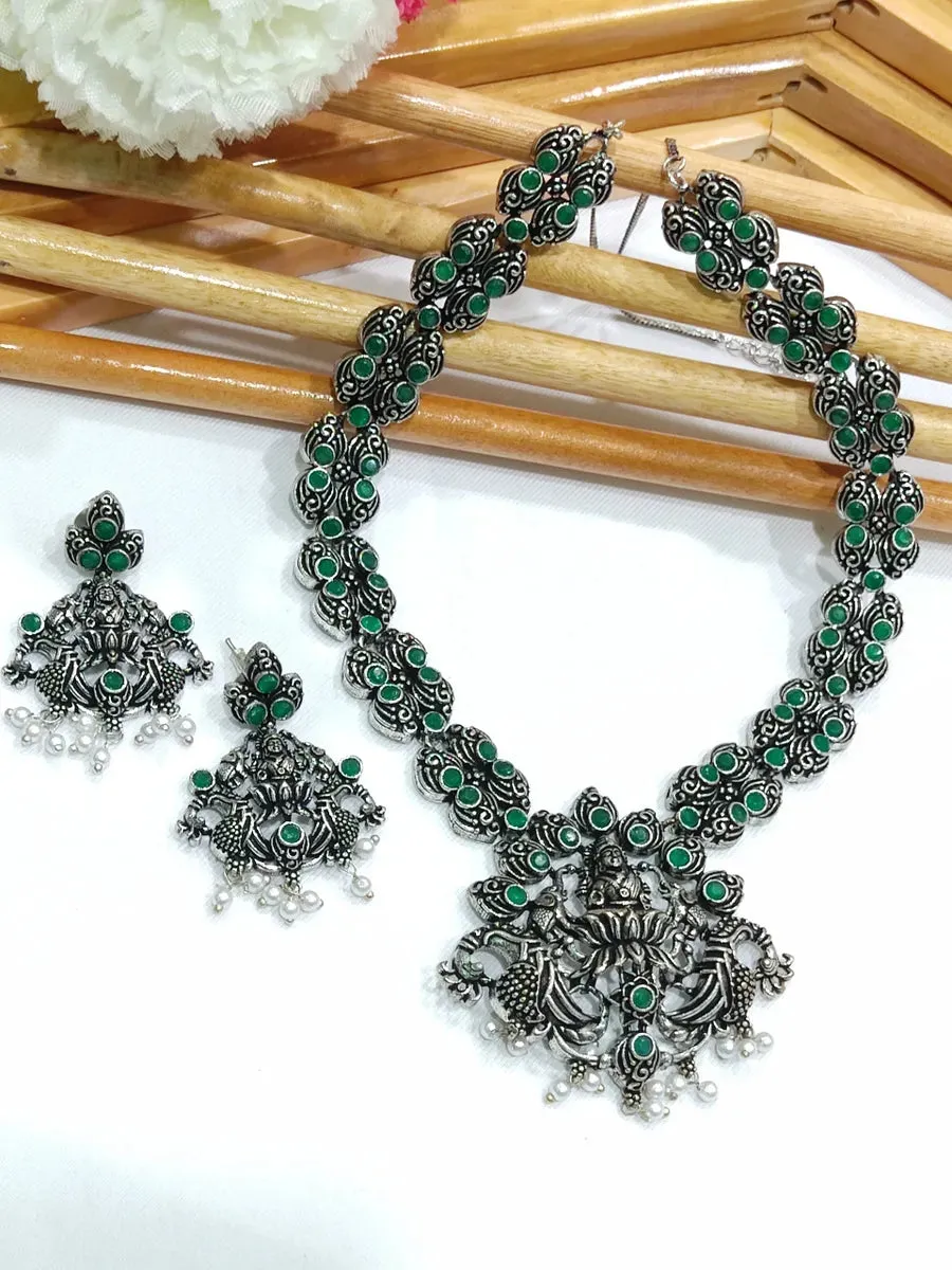 Elegant Oxidized Silver Alloy Goddess Lakshmi Pendant Temple Necklace Jewelry Set