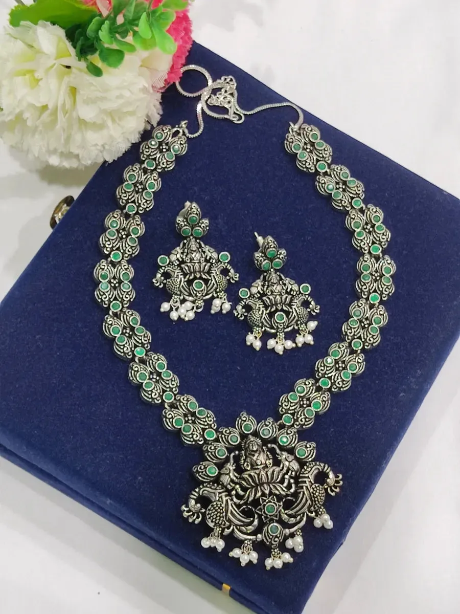 Elegant Oxidized Silver Alloy Goddess Lakshmi Pendant Temple Necklace Jewelry Set