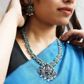 Elegant Oxidized Silver Alloy Goddess Lakshmi Pendant Temple Necklace Jewelry Set