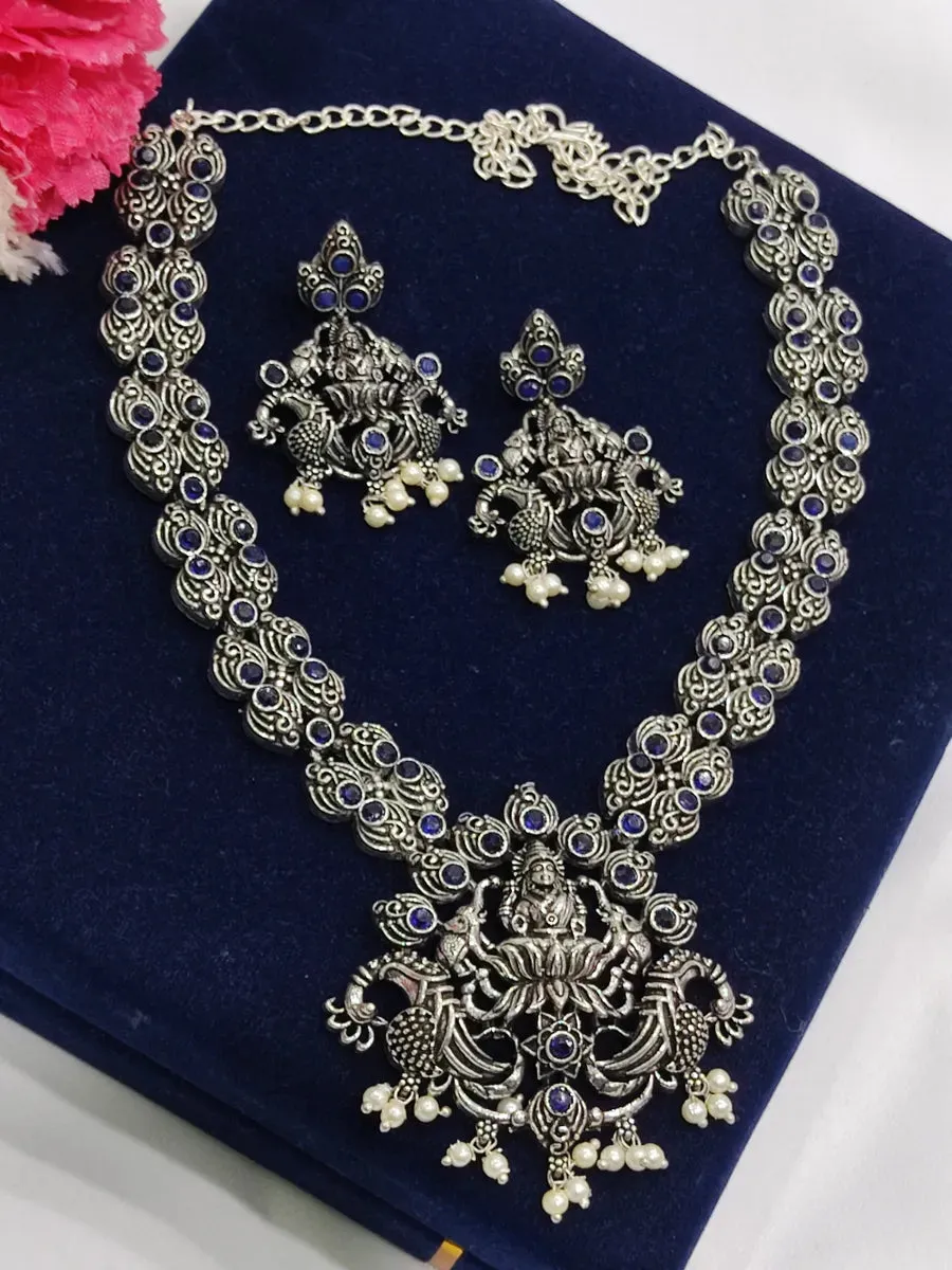 Elegant Oxidized Silver Alloy Goddess Lakshmi Pendant Temple Necklace Jewelry Set