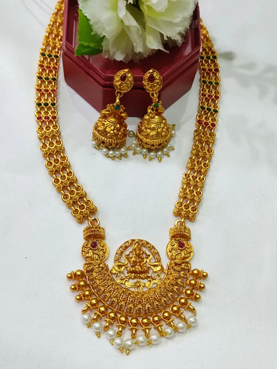 Ethnic Temple Pattern Long Necklace With Earrings Antique Gold Traditional Jewelry Set