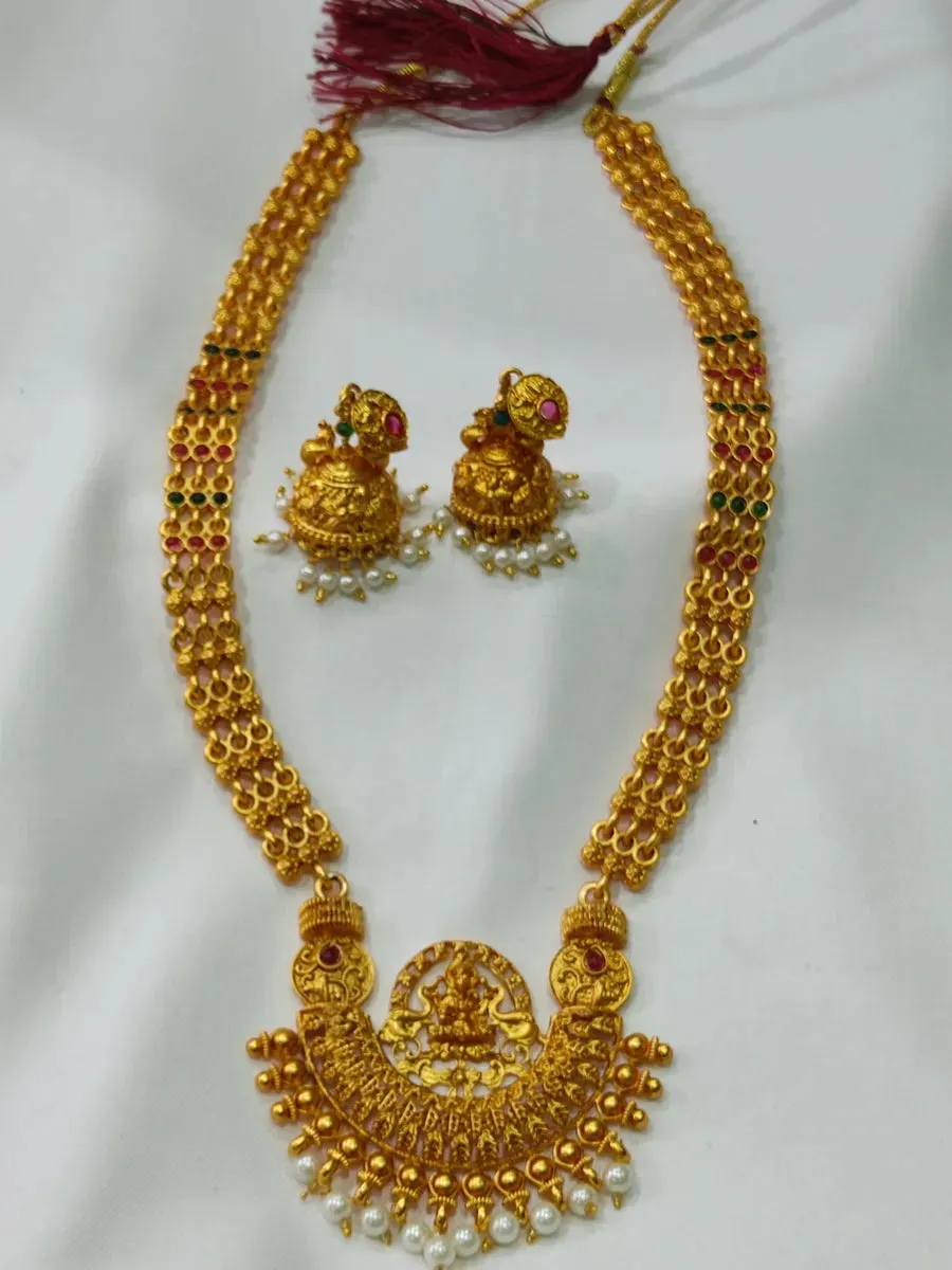 Ethnic Temple Pattern Long Necklace With Earrings Antique Gold Traditional Jewelry Set