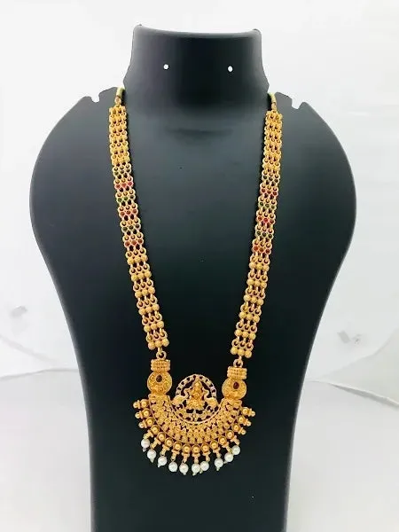 Ethnic Temple Pattern Long Necklace With Earrings Antique Gold Traditional Jewelry Set