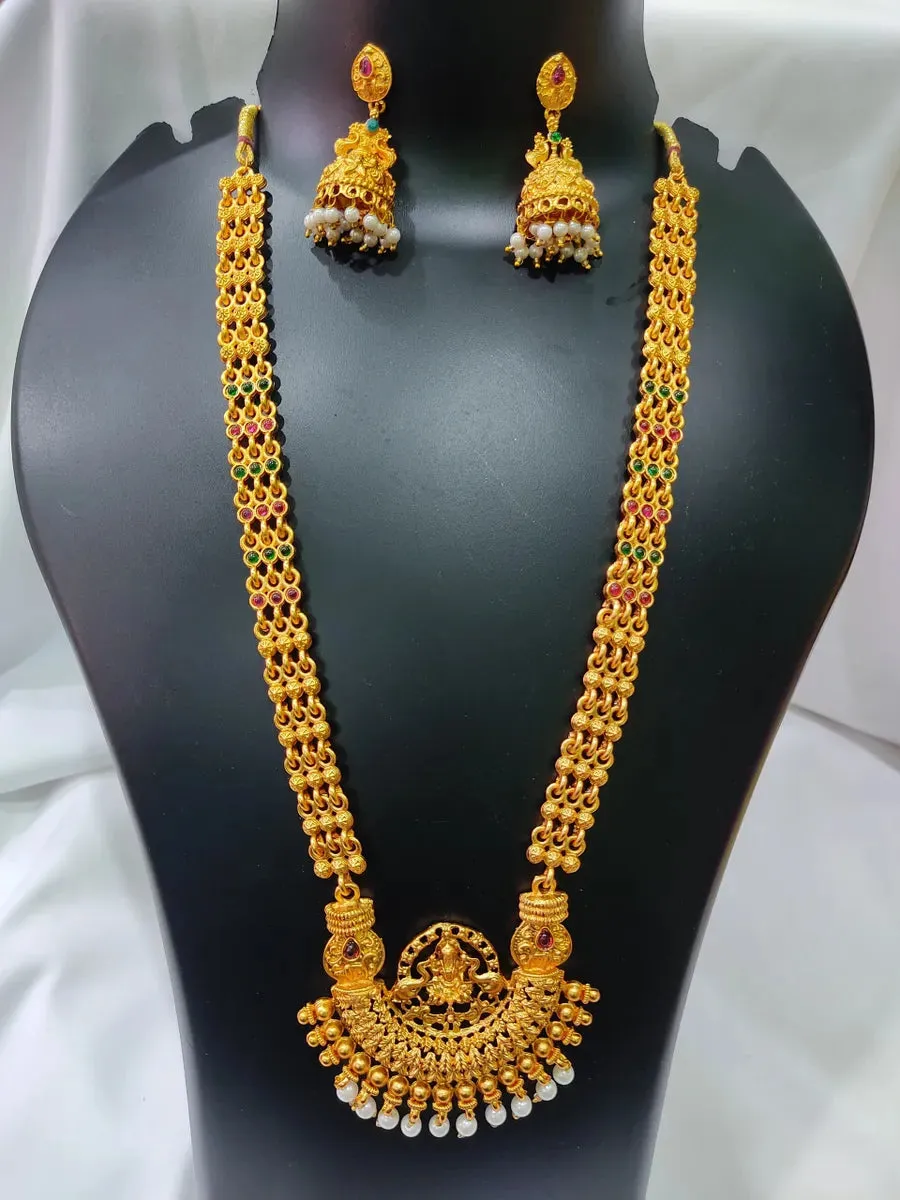 Ethnic Temple Pattern Long Necklace With Earrings Antique Gold Traditional Jewelry Set