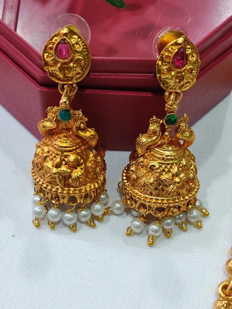 Ethnic Temple Pattern Long Necklace With Earrings Antique Gold Traditional Jewelry Set