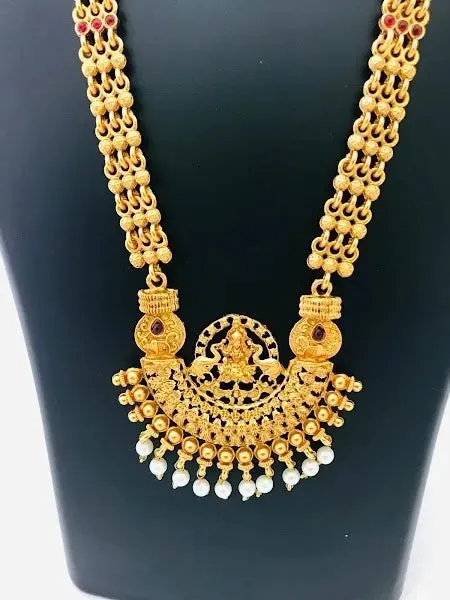 Ethnic Temple Pattern Long Necklace With Earrings Antique Gold Traditional Jewelry Set