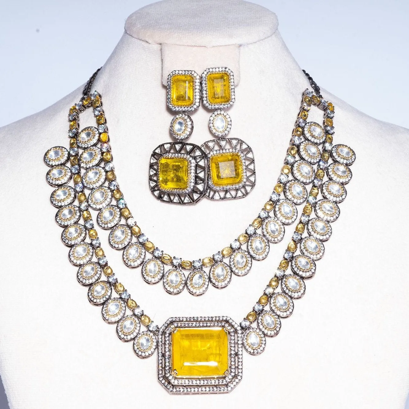 Ezna Statement Modern Yellow Citrine Doublet Necklace & Earring Set By Jaipur Rose Luxury Indian Jewelry Online