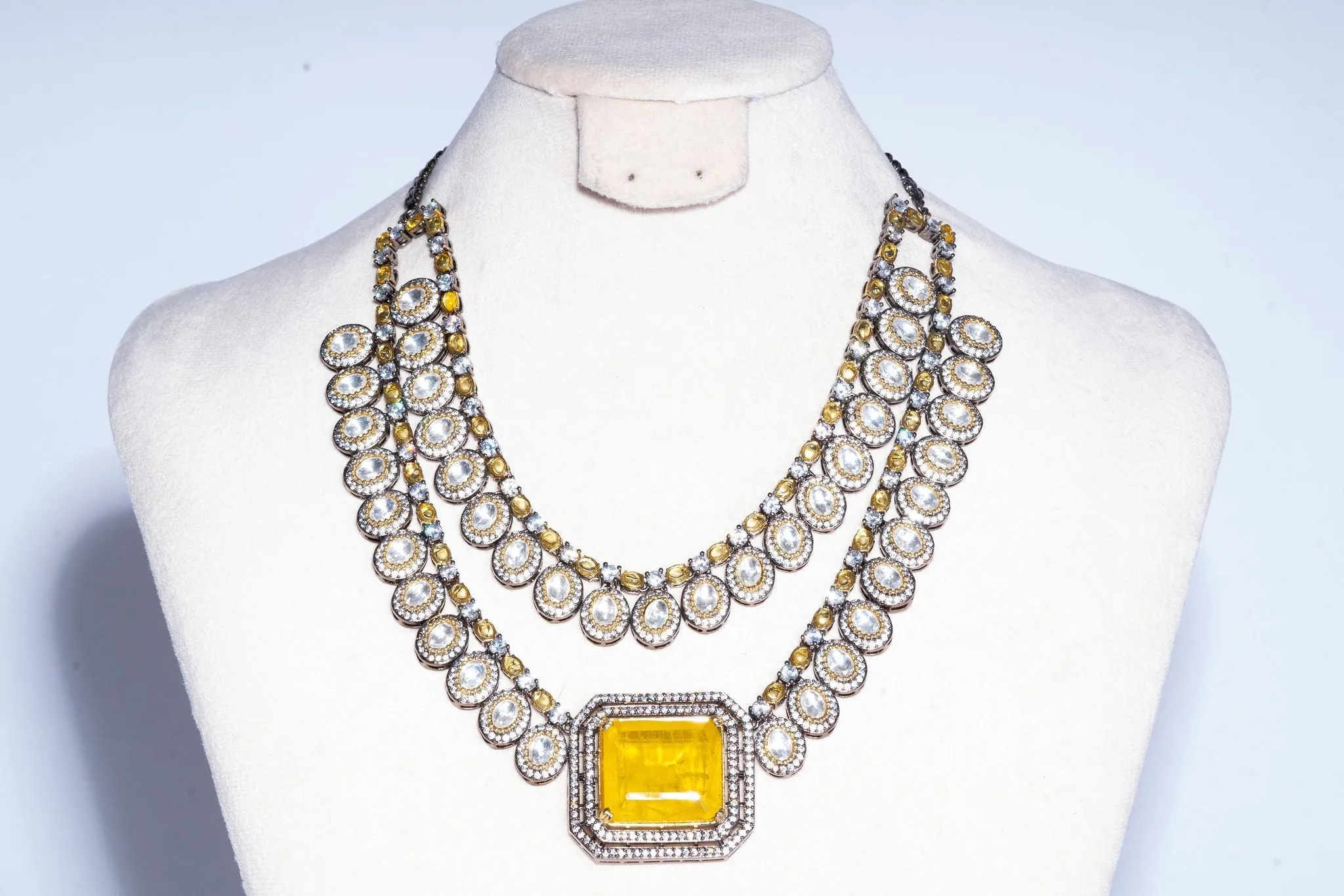 Ezna Statement Modern Yellow Citrine Doublet Necklace & Earring Set By Jaipur Rose Luxury Indian Jewelry Online