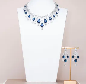 Falna Sapphire Blue White Gold Luxury Necklace & Earring Set By Jaipur Rose Luxury Indian Jewelry Onli