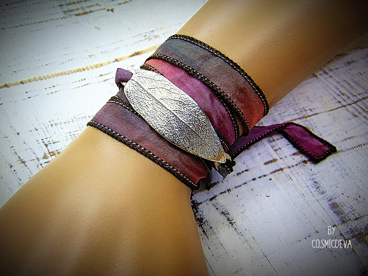 Fine Silver Sage Leaf Silk Ribbon Wrap Bracelet