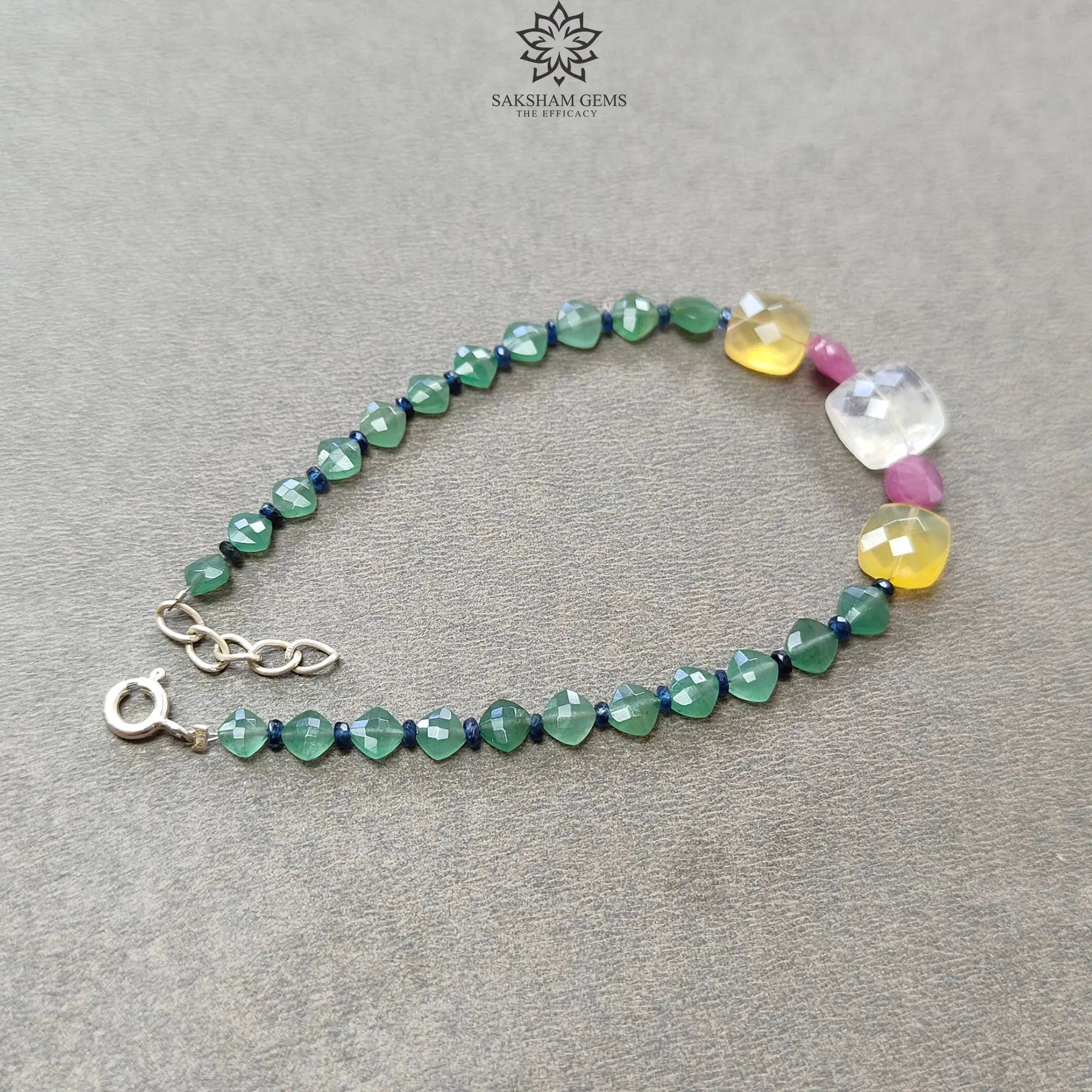 Gemstone Beads Bracelet : 5.20gms Green Quartz Yellow Opal Moonstone & Sapphire 925 Sterling Sliver Beaded Bracelet Checker Cut 8.25"