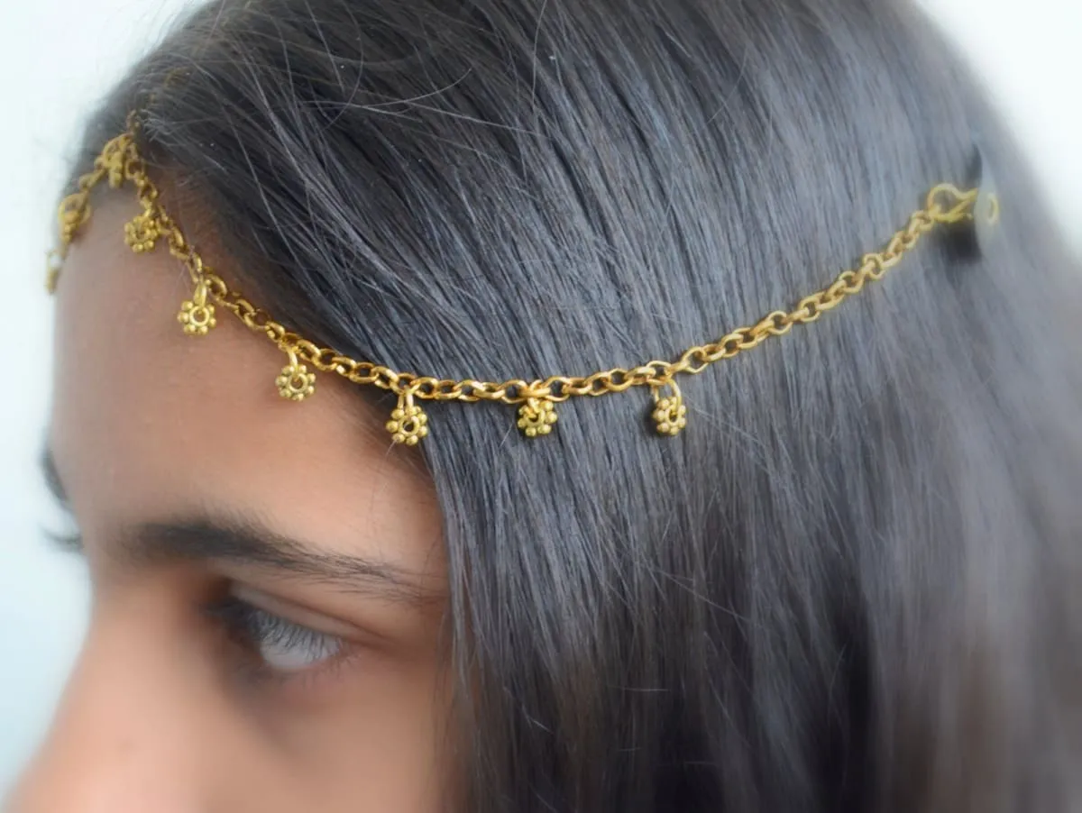 Gold Headchain, Matha Patti Indian wedding accessory, small Maang tikka headpiece set