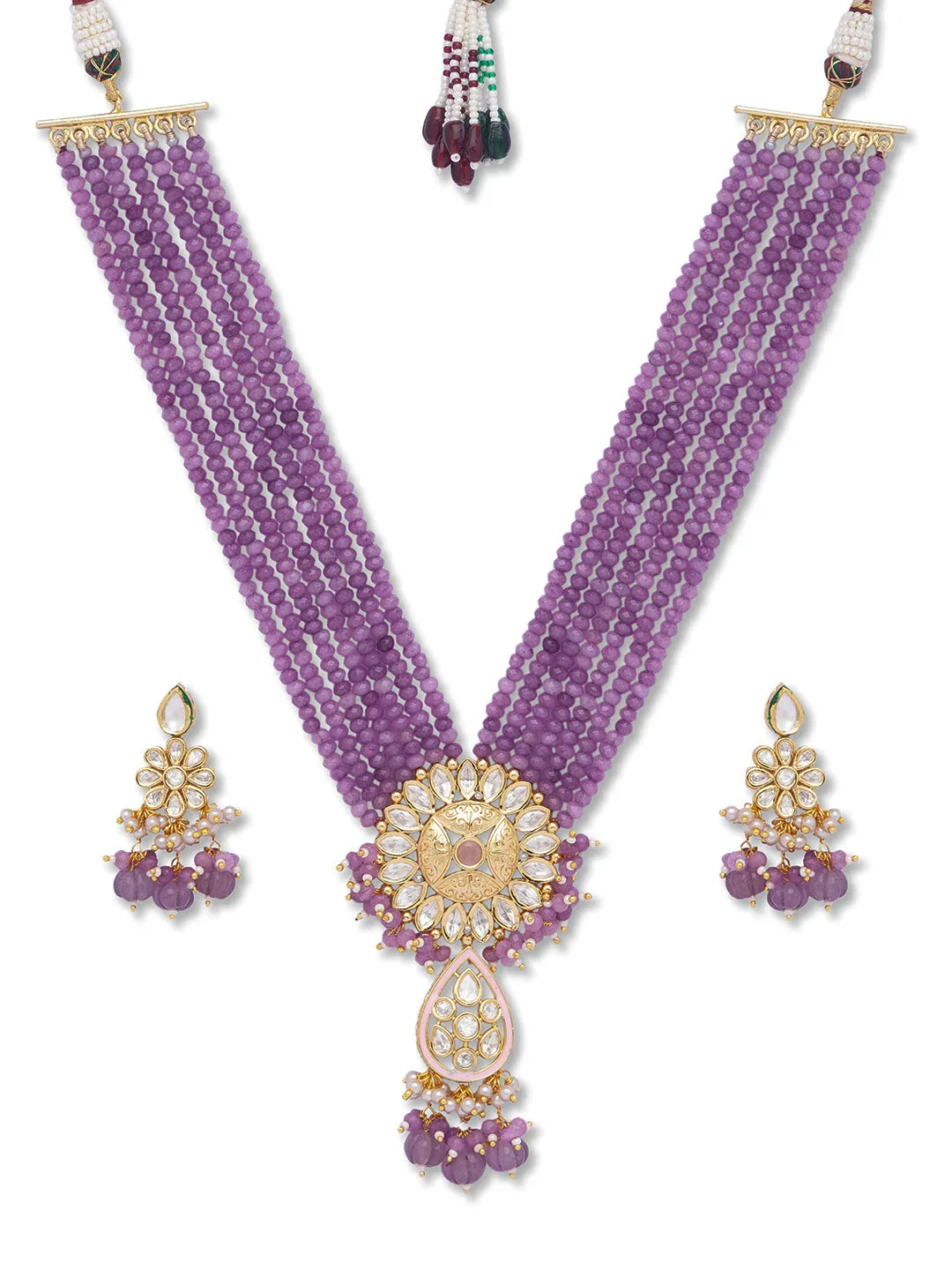 Golden, Light Purple, Kundan Polki, Necklace Set wiyh Onyx