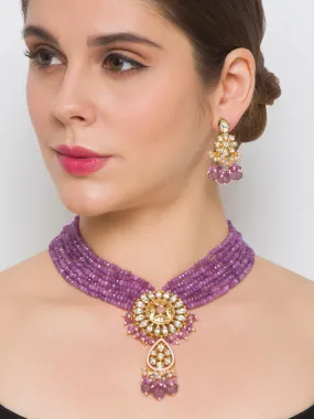 Golden, Light Purple, Kundan Polki, Necklace Set wiyh Onyx