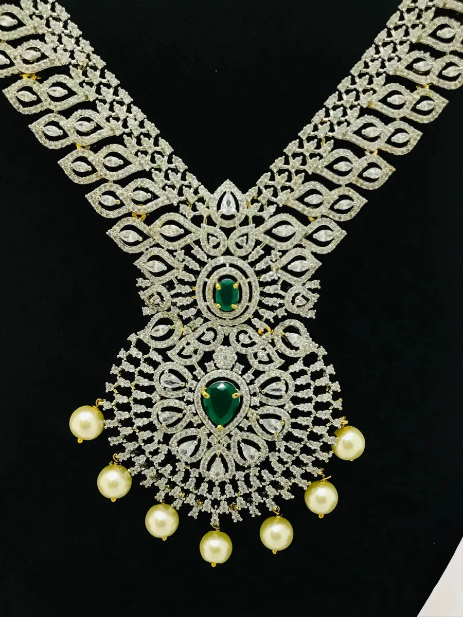 Gorgeous South Indian Bridal Long American Diamond Haram With Designer Pendant