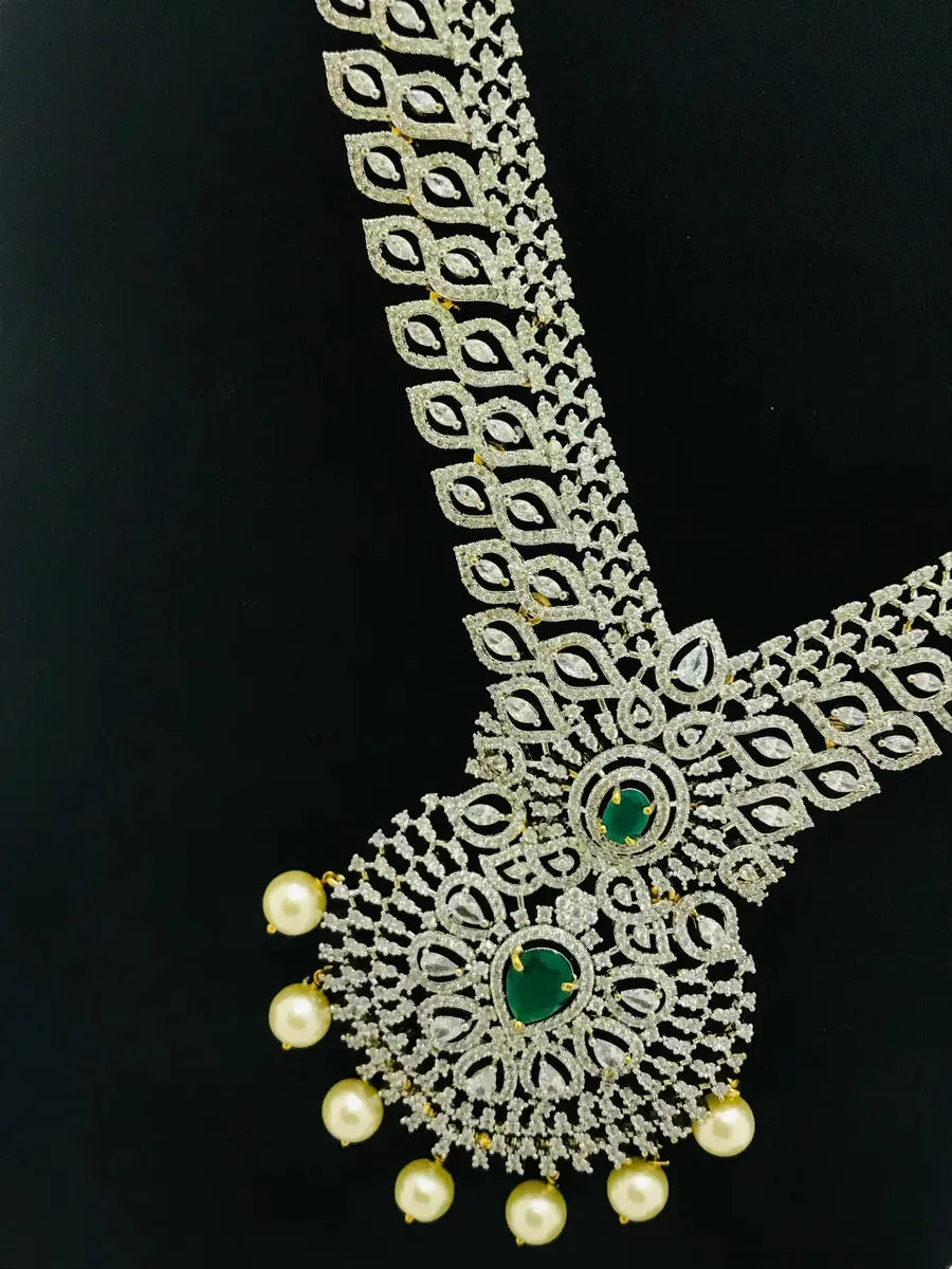 Gorgeous South Indian Bridal Long American Diamond Haram With Designer Pendant