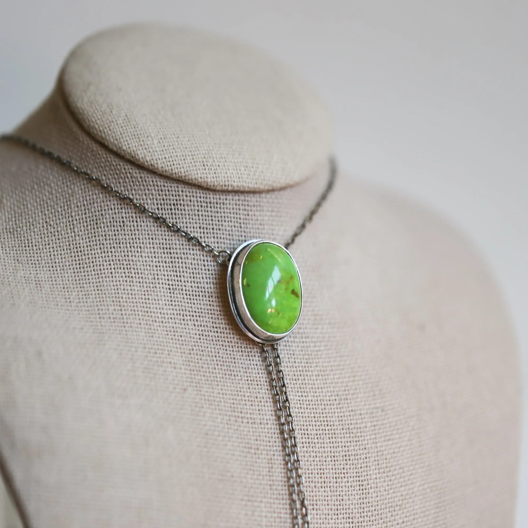 Green American Turquoise Bolo Necklace - Lime Green Turquoise Lariat - Sterling Silver