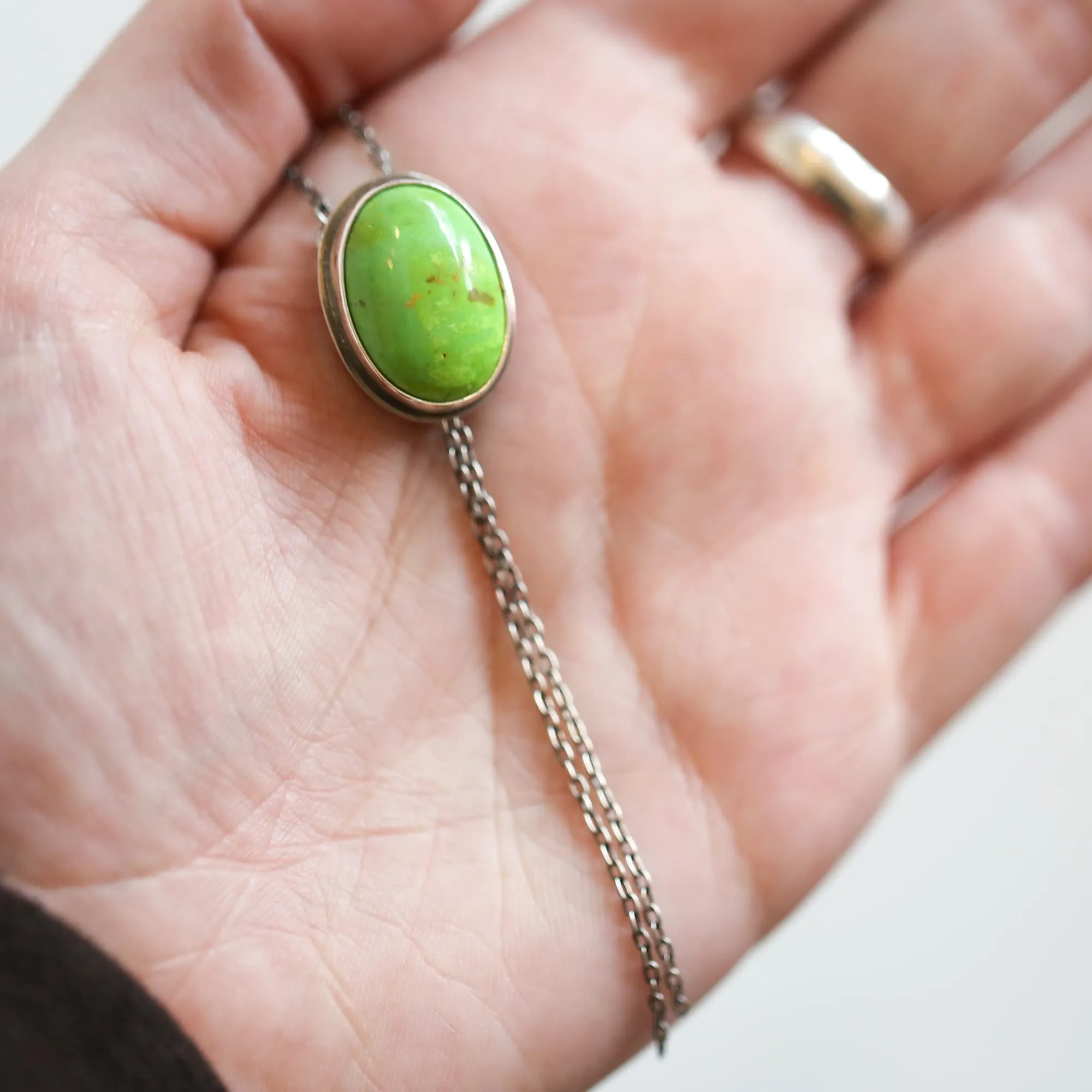 Green American Turquoise Bolo Necklace - Lime Green Turquoise Lariat - Sterling Silver