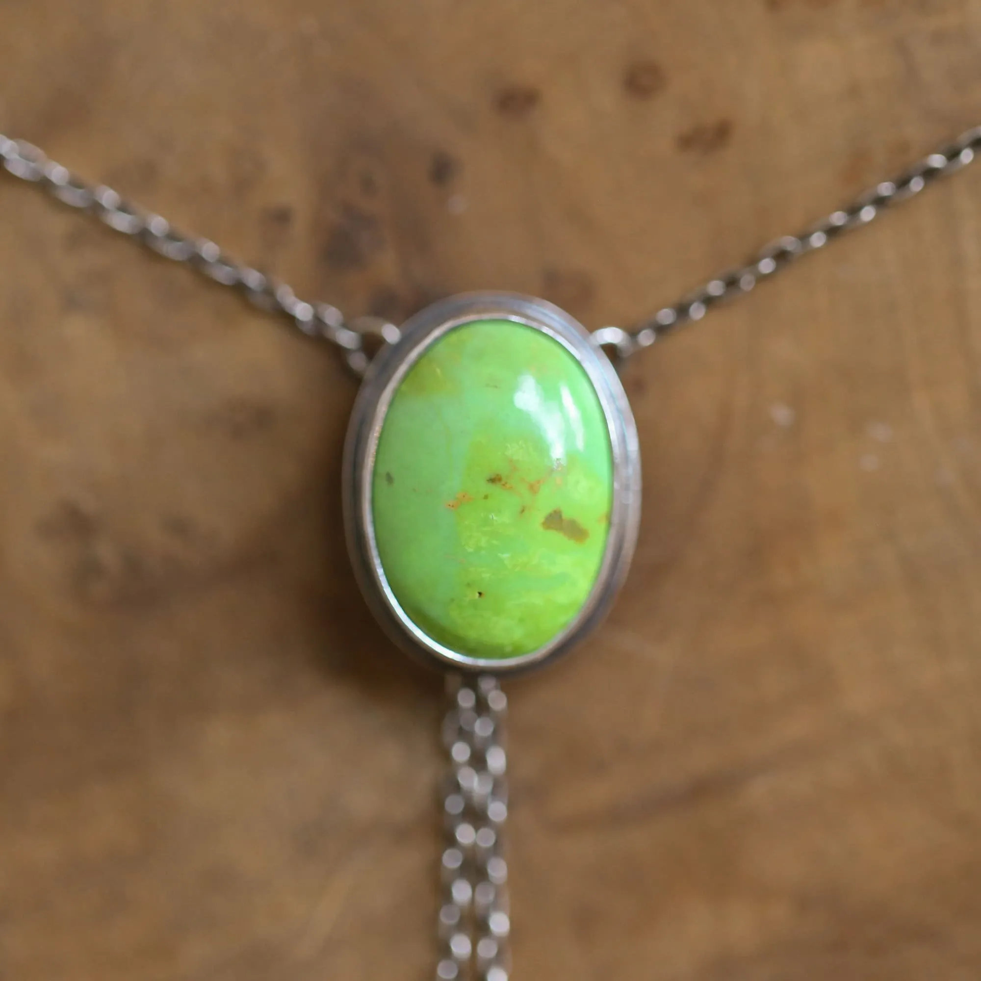 Green American Turquoise Bolo Necklace - Lime Green Turquoise Lariat - Sterling Silver