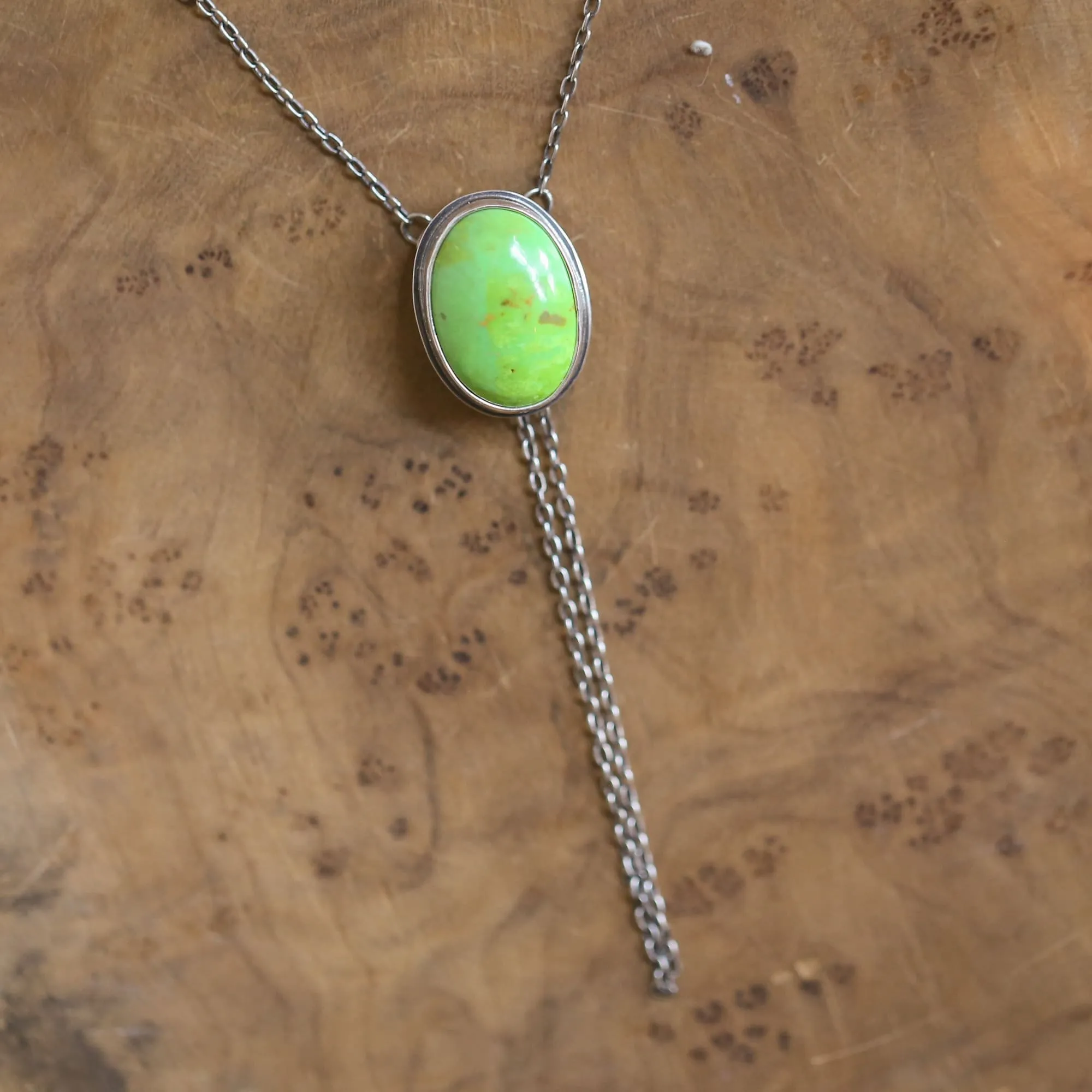 Green American Turquoise Bolo Necklace - Lime Green Turquoise Lariat - Sterling Silver