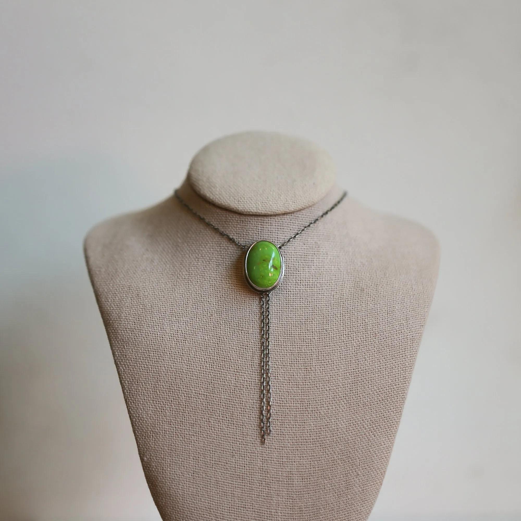 Green American Turquoise Bolo Necklace - Lime Green Turquoise Lariat - Sterling Silver