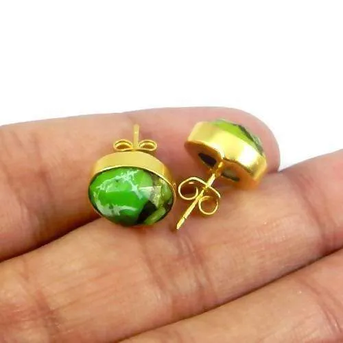 Green Copper Mohave Turquoise Gold Plated Bezel Set Stud Earring