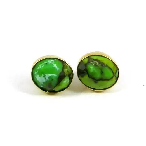 Green Copper Mohave Turquoise Gold Plated Bezel Set Stud Earring