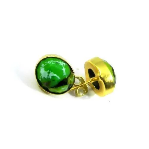 Green Copper Mohave Turquoise Gold Plated Bezel Set Stud Earring