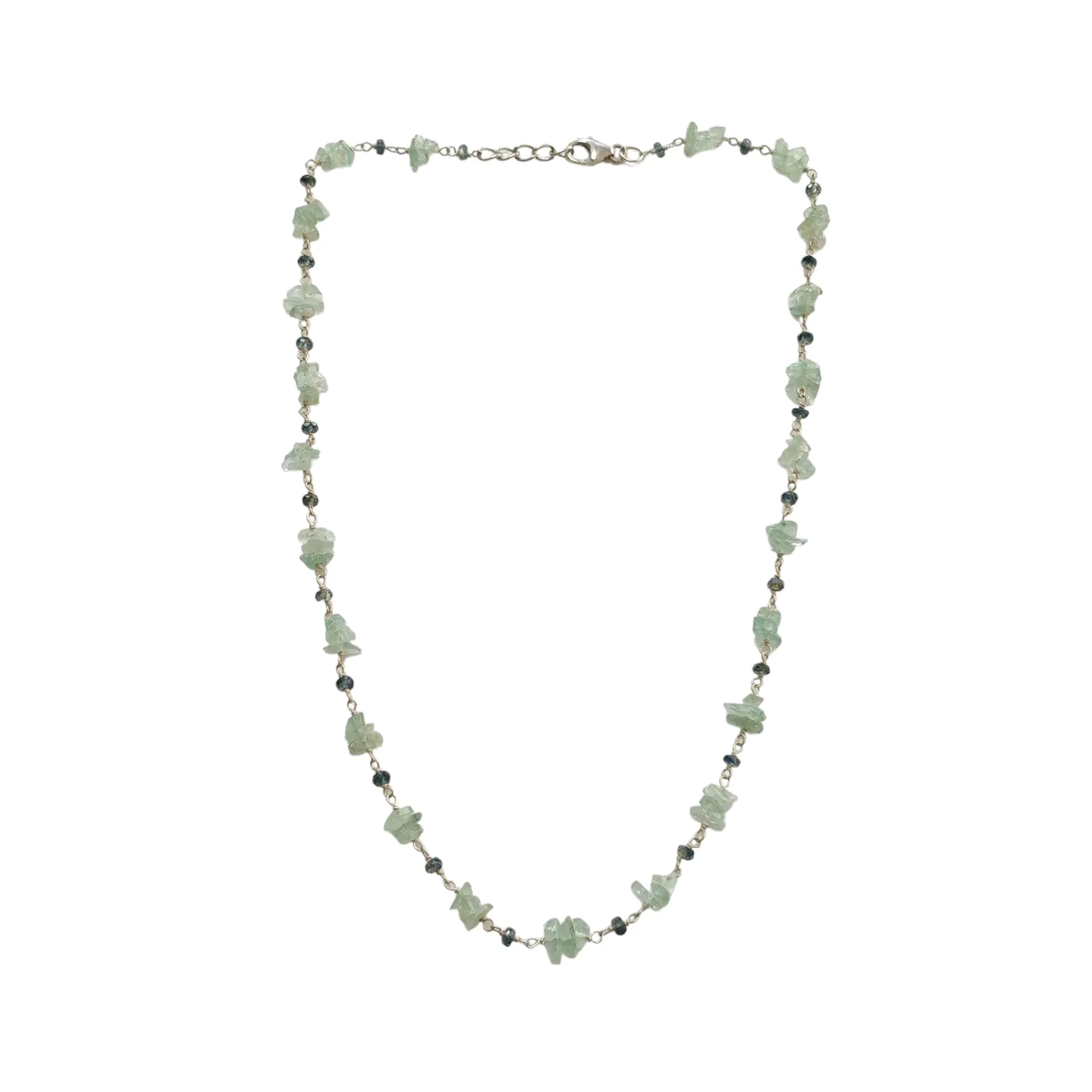 Green Emerald And Blue Sapphire Gemstones 925 Sterling Silver 7.81gms Natural Uncut Beads Chain NECKLACE 16"