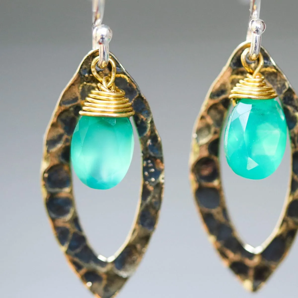 Green onyx earrings and oxidized brass marquis shape in hammer textured on sterling silver hook style