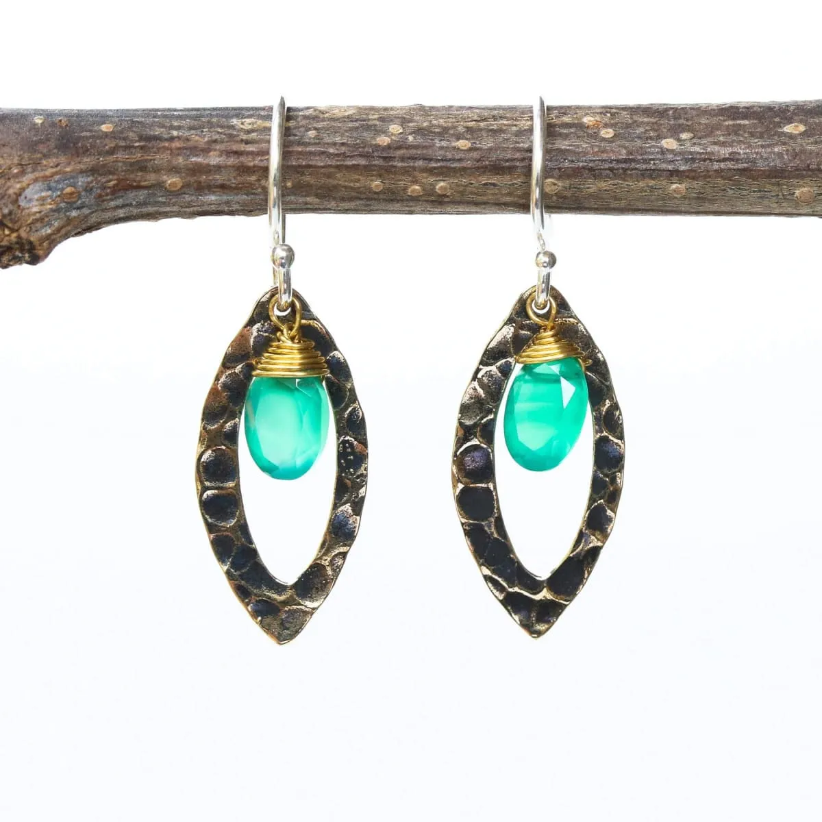 Green onyx earrings and oxidized brass marquis shape in hammer textured on sterling silver hook style