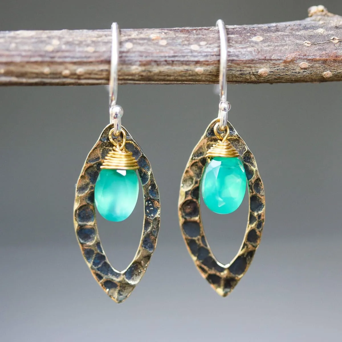 Green onyx earrings and oxidized brass marquis shape in hammer textured on sterling silver hook style