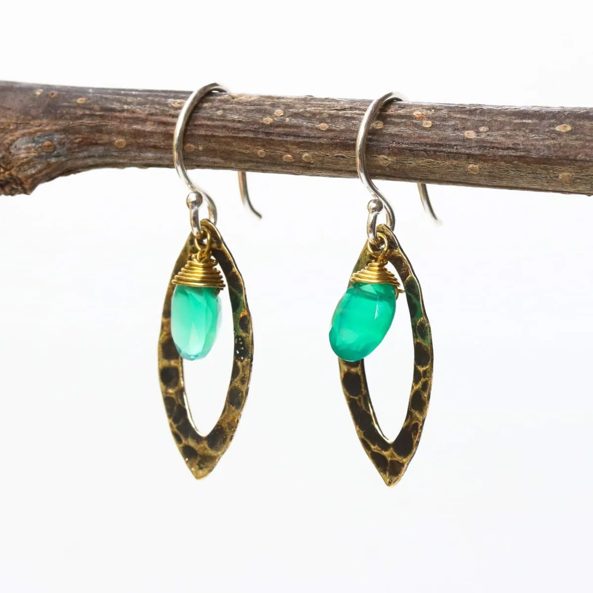 Green onyx earrings and oxidized brass marquis shape in hammer textured on sterling silver hook style