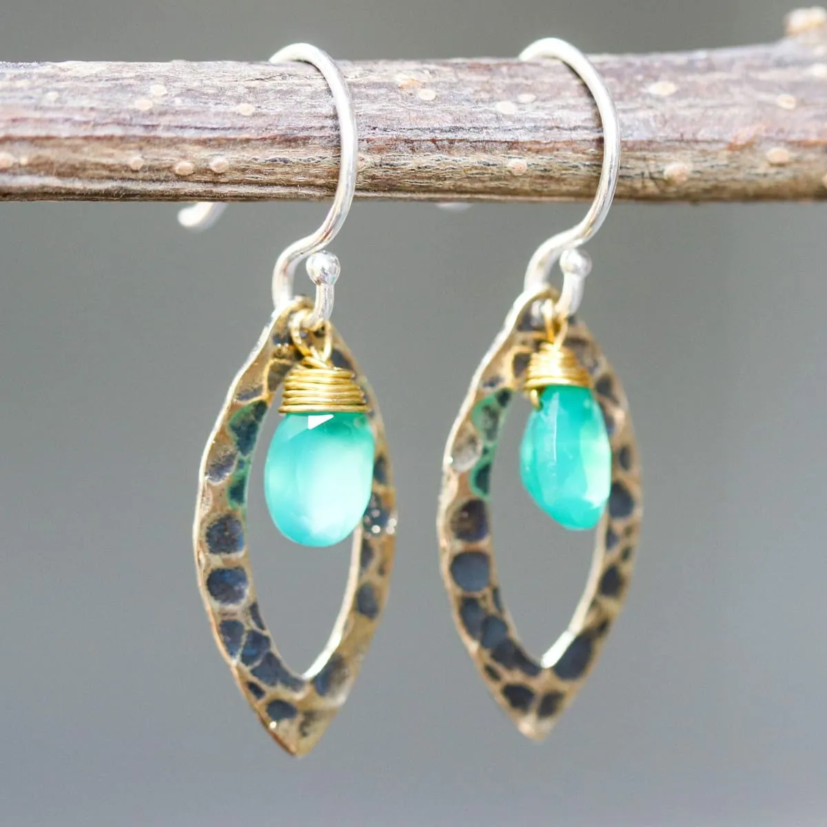 Green onyx earrings and oxidized brass marquis shape in hammer textured on sterling silver hook style