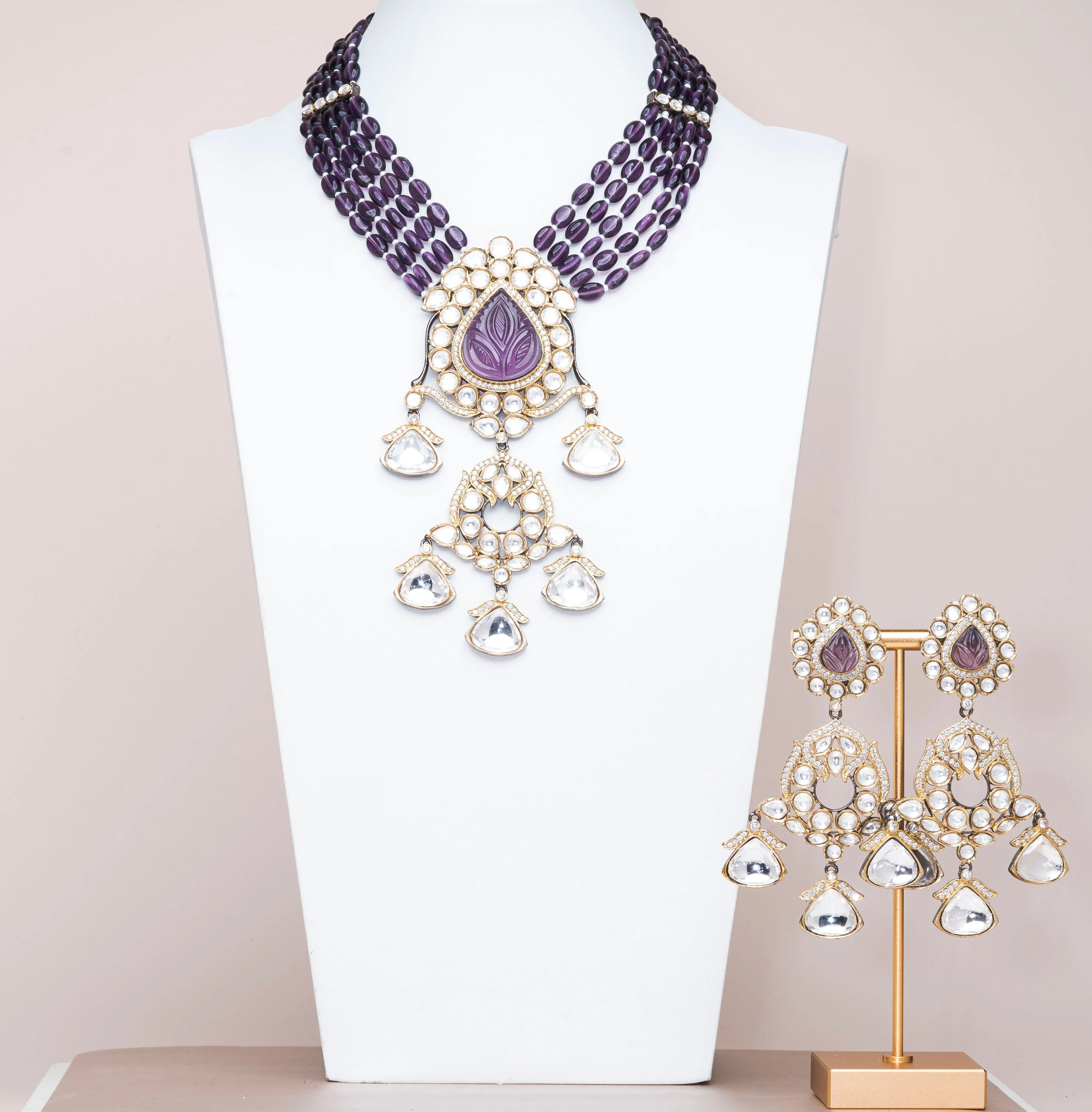 Hadia Purple Luxury Mala & Earring Set By Jaipur Rose Luxury Indian Jewelry Online