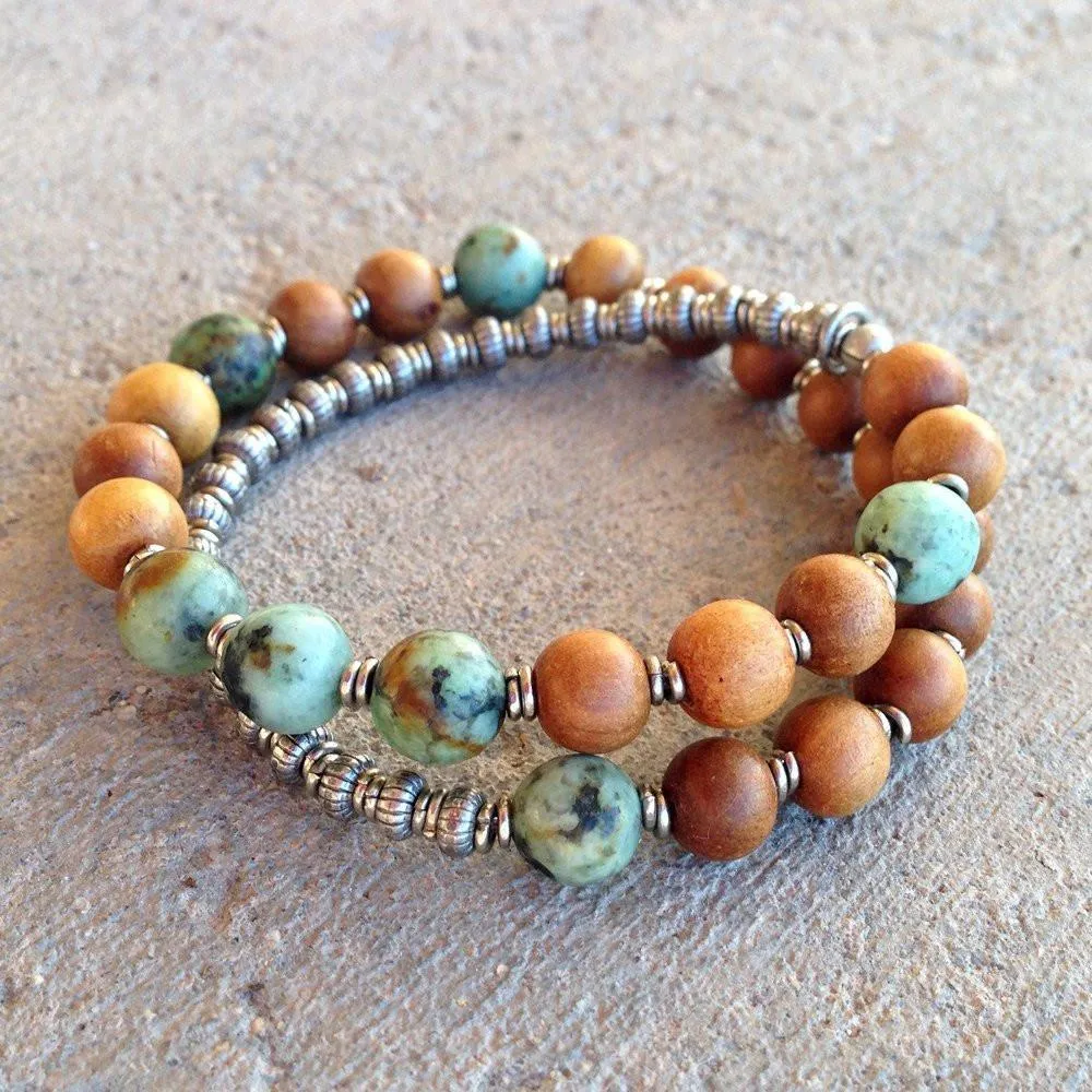 Healing and Change, Sandalwood and African Turquoise 27 Beads Unisex Mala Bracelet