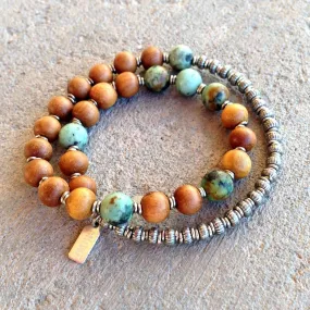 Healing and Change, Sandalwood and African Turquoise 27 Beads Unisex Mala Bracelet