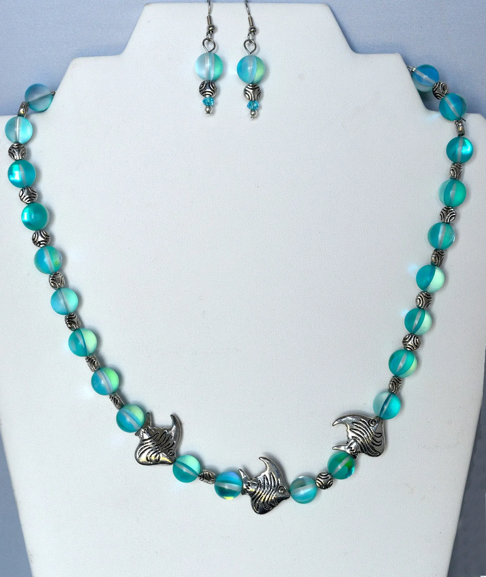 Iridescent Turquoise Fish Necklace and Earrings