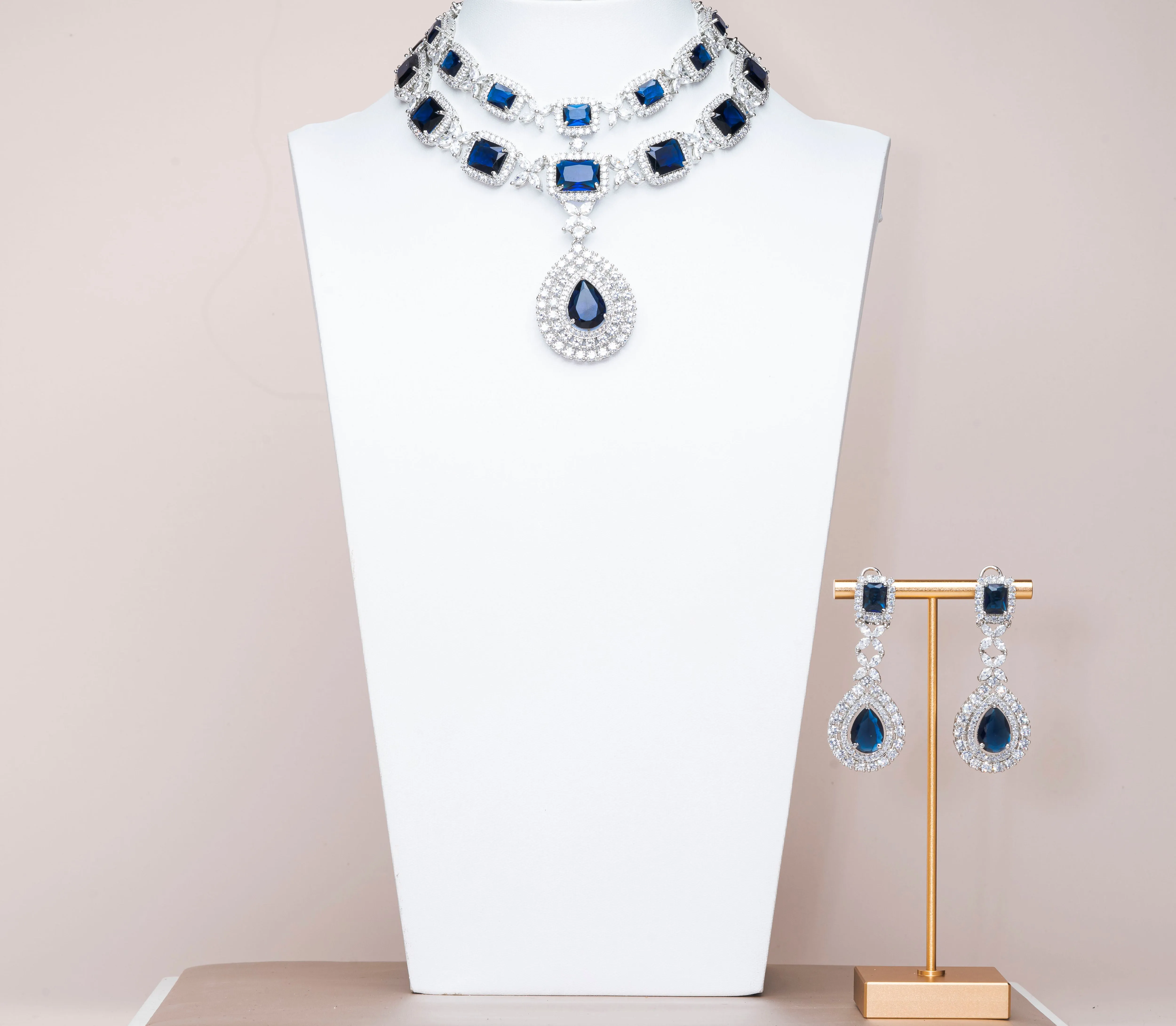 Isaline Blue Sapphire White Gold Luxury Necklace & Earring Set By Jaipur Rose Luxury Indian Jewelry Onli