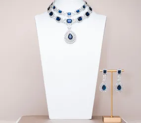 Isaline Blue Sapphire White Gold Luxury Necklace & Earring Set By Jaipur Rose Luxury Indian Jewelry Onli