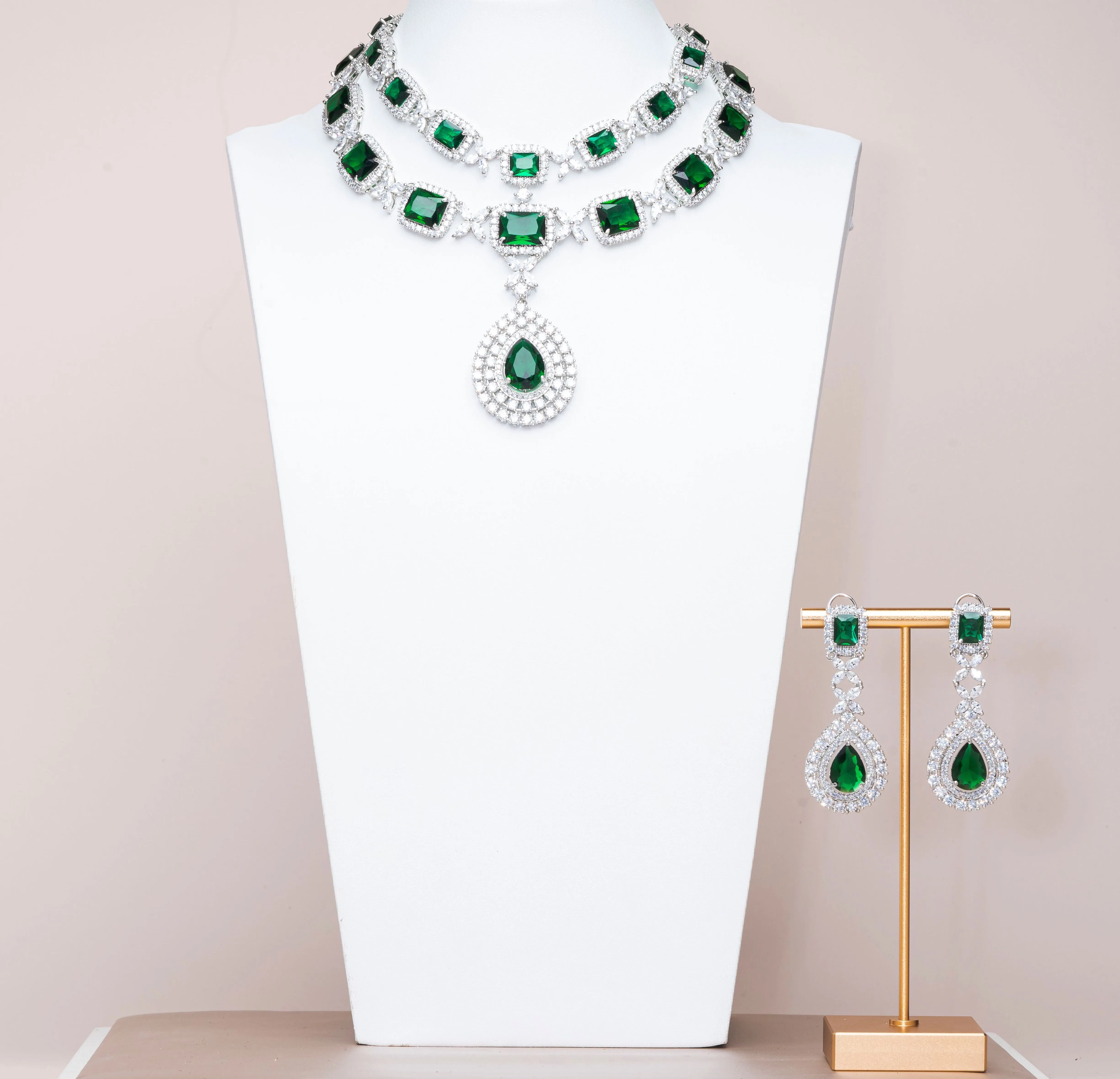 Isaline Emerald Green White Gold Luxury Necklace & Earring Set By Jaipur Rose Luxury Indian Jewelry Onli